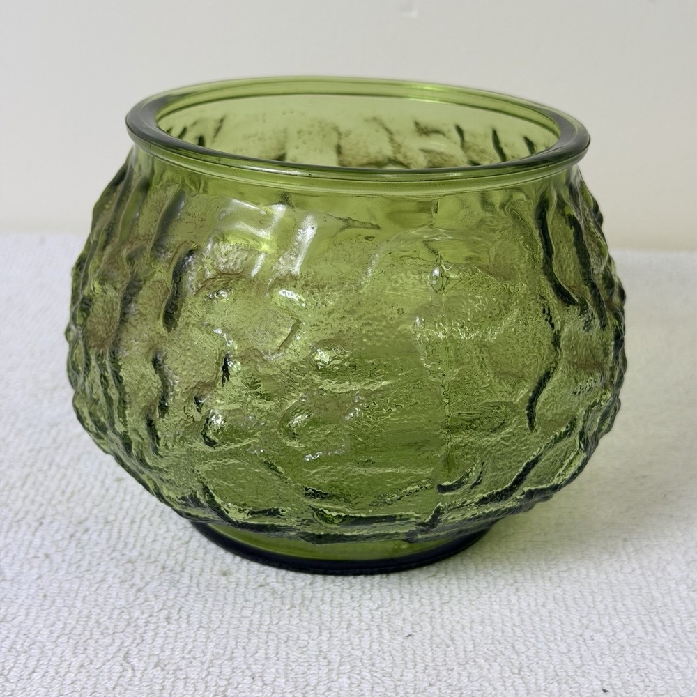 Vintage Avocado EO Brody Co Glass Crinkle Textured Vase Planter Bowl MCM